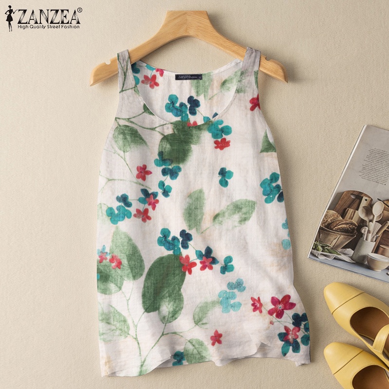 Zanzea ผู้หญิง ตําแหน่งประจําวัน ลําลอง คอกลม แขนกุด พิมพ์ลายดอกไม้ เสื้อกล้าม