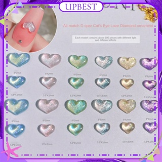 ♕100Pcs/1กระเป๋าเล็บ Aurora เครื่องประดับ Magic Cat S Eye Heart-Shaped ฤดูใบไม้ผลิสี Fine Sparkling Pearlescent แบน-Bottomed เจาะเล็บเครื่องมือสำหรับเล็บ Shop UPBEST