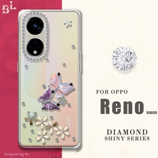 เคส Oppo Reno 10 8T 5G 4G Reno 8 7 4G 5G Reno 7Z 8Z 5G Reno 8 Pro 5G Reno 6 5 5G 4G โทรศัพท์มือถือใส ประดับกลิตเตอร์ พลอยเทียม ไข่มุก ผีเสื้อ 3D สําหรับ