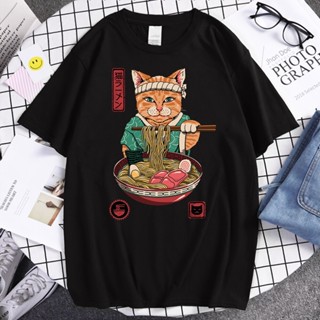 ขายดี เสื้อยืดลําลอง แขนสั้น พิมพ์ลายก๋วยเตี๋ยว Catana แมวน่ารัก สไตล์ฮาราจูกุ สตรีท สําหรับผู้ชาย 791738