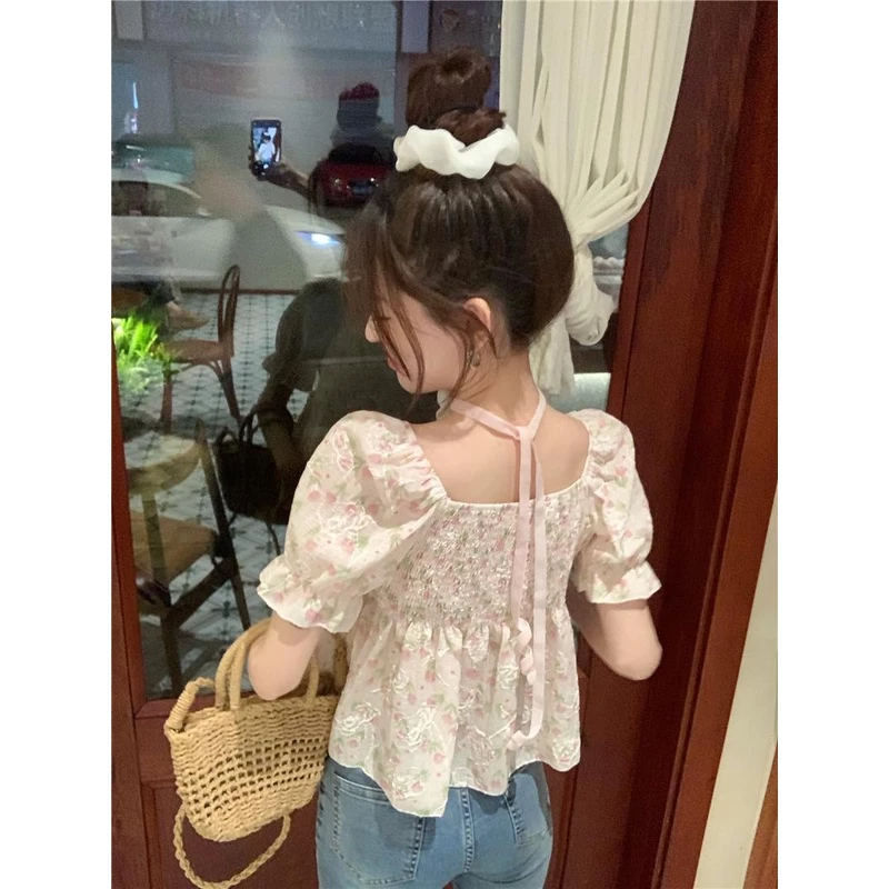 หวานหลวมเสื้อเชิ้ตแขนสั้นลายดอกเวอร์ชั่นเกาหลีน่ารักเสื้อสั้น thumbnail 9