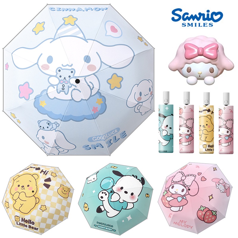 Sanrio ร ่ มชุด Hello Kitty Cinnamoroll Melody ร ่ ม Kawaii My Melody Pachacco การ ์ ตูนอะนิเมะ Tri พับอัตโนมัติ UV ป ้ องกันร ่ มเด ็ ก