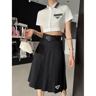 ♥ เช็คสินค้าก่อนสั่ง PRADA COTTON CROP SET ชุดเซต ชุดเซท เสื้อเชิ๊ต เชิ้ต ทรงครอป + กระโปรง แต่งขอบเอว พราด้า ปราด้า