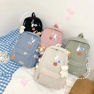 กระเป๋าสะพายหลัง5สี  Backpack กระเป๋าเป้ กระเป๋านักเรียน พร้อมพวงกุญแจตุ๊กตาและเข็มกลัด  กระเป๋านักเรียน สไตล์เกาหลี