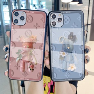 เคสโทรศัพท์มือถือแบบแก้วแข็ง ลายดอกไม้ หมีสีฟ้า ชมพู สําหรับ VIVO Y02S Y76S Y76 Y75 Y55 Y77 Y55 Y35 Y22 Y22S 4G 5G Y11 Y11S