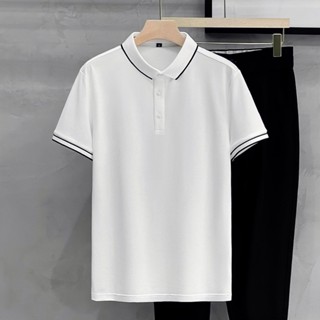 เสื้อโปโลแขนสั้น สีทึบเรียบง่าย มีสไตล์และสวยงาม ปลายแขนลายทาง สไตล์ธุรกิจลำลอง ผ้าใส่สบาย ระบายอากาศได้ดี