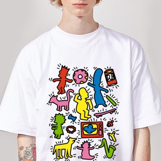 เสื้อยืดแขนสั้น พิมพ์ลายกราฟฟิติ Keith Haring Keith Haring แฟชั่นสตรีท สไตล์ยุโรป และอเมริกา เหมาะกับฤดูใบไม้ผลิ และฤดูร้อน