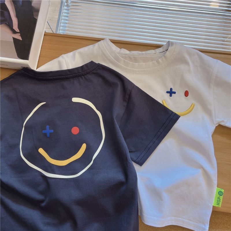 【Boys Tshirt】เสื้อยืดแขนสั้น ผ้าฝ้าย พิมพ์ลายหน้ายิ้ม สไตล์เกาหลี สําหรับเด็กผู้ชาย (1-15 ปี)