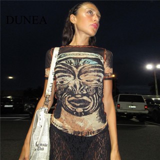 Dunea เสื้อยืด คอกลม ผ้าตาข่าย พิมพ์ลาย ทรงสลิมฟิต แฟชั่นสําหรับผู้หญิง