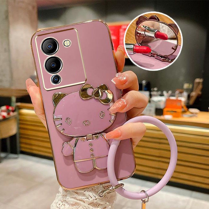 เคส Infinix Note 12 G96 X670 ชุบไฟฟ้า Hello Kitty ขาตั้งกระจกเครื่องสําอาง เคสนิ่ม พร้อมสายคล้อง