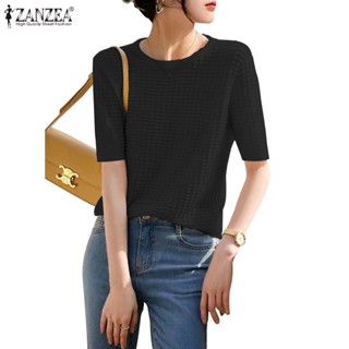 Zanzea เสื้อท็อปส์ลําลอง คอกลม แขนสั้น สีพื้น สไตล์เกาหลี สําหรับผู้หญิง