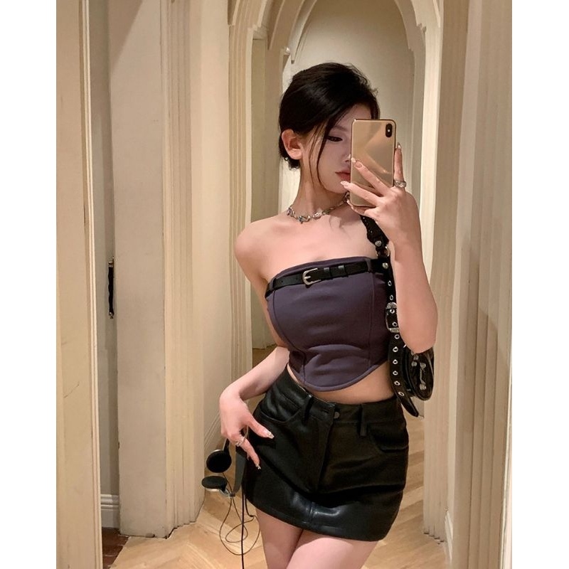 Elves✨พร้อมส่ง✨ เสื้อเกาะอกใส่ได้2แบบ มีฟองน้ำ แถมสายเพิ่ม ดีเทลเข็มขัดหน้าอก ~FY6652~ - รูปที่ 4