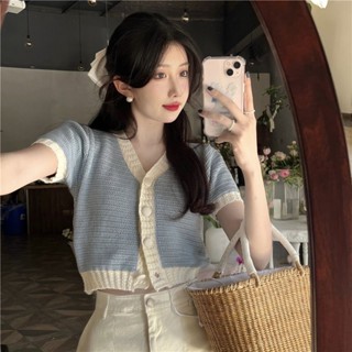 Shesaidshop สีฟ้า, เสื้อถักสั้นลายผ้า, เสื้อไหมพรมสั้น