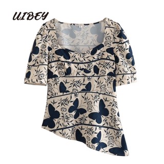 Uibey เสื้อเชิ้ต คอสี่เหลี่ยม พิมพ์ลายผีเสื้อ ดอกไม้ แฟชั่น 4464