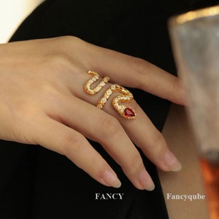 Fancy แหวนคริสตัล เพทาย รูปงู สีแดง หรูหรา สีทอง เครื่องประดับแฟชั่น สําหรับผู้หญิง