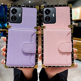 เคสโทรศัพท์มือถือหนัง กันกระแทก ทรงสี่เหลี่ยม พร้อมช่องใส่บัตร สําหรับ Vivo Y77 Y76 Y16 Y02S Y76S Y55S Y15S