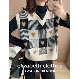 เสื้อกั๊ก คอวี ผ้าถัก แบบนิ่ม ลายสก๊อต และหัวใจ ทรงหลวม ขนาดเล็ก แฟชั่นฤดูใบไม้ร่วง 2023