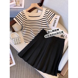 Sweetheart Spice Girl ~ Striped Square Collar Short-sleeved T-shirt Spring Large Size Womens Clothing Salt Wear Casual Two-piece Suit Skirt