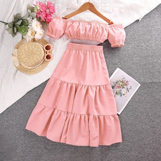เสื้อแขนสั้น และกระโปรง ผ้าฝ้าย สีพื้น แฟชั่นฤดูร้อน สําหรับเด็กผู้หญิง อายุ 5-12 ปี 2023 2 ชิ้น