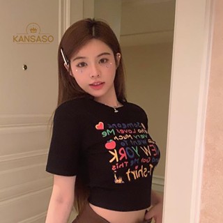 Kans เสื้อครอปท็อป คอกลม แขนสั้น พิมพ์ลายการ์ตูนตัวอักษร แฟชั่นฤดูร้อน สําหรับผู้หญิง TH