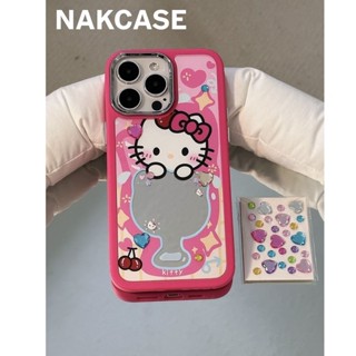 เคสโทรศัพท์มือถือ ลายการ์ตูนเฮลโลคิตตี้ ประดับพลอยเทียม พร้อมกระจก สําหรับ Apple Iphone 13 14promax 12 11