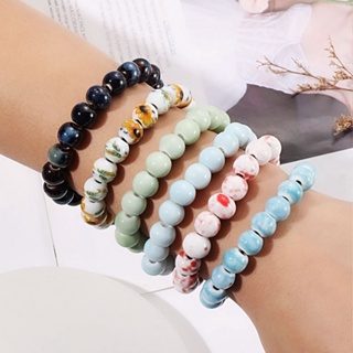 เครื่องประดับ สร้อยข้อมือเซรามิค ประดับลูกปัด แบบยืดหยุ่น สีแคนดี้ สไตล์โบราณ สําหรับผู้หญิง และนักเรียน