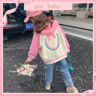 🍓GNR BABY🫐เสื้อแจ็กเก็ตเบสบอล มีฮู้ด พิมพ์ลายหน้ายิ้ม สําหรับเด็กผู้หญิง 3-12 ปี