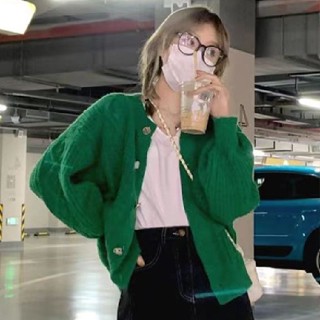 เสื้อคาร์ดิแกนกันหนาว ตัวสั้น สีเขียว สไตล์เรโทร สําหรับผู้หญิง