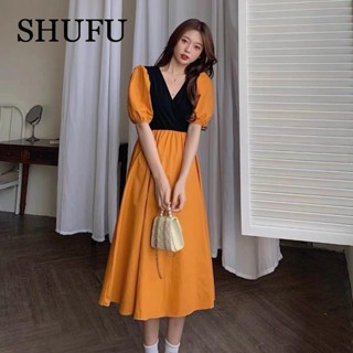 Shufu 5106 พร้อมส่ง ชุดเดรสยาว ผ้าชีฟอง แขนสั้น คอวี พลัสไซซ์ สไตล์เกาหลี สําหรับผู้หญิง