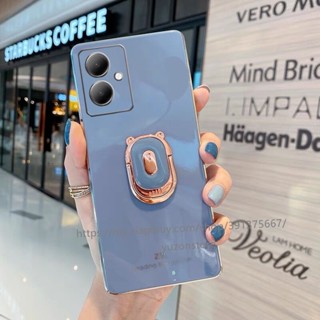 พร้อมส่ง เคสโทรศัพท์มือถือ TPU นิ่ม ขอบตรง ลายการ์ตูนหมี พร้อมขาตั้ง สําหรับ VIVO Y27 4G 5G 2023 เคส Phone Case