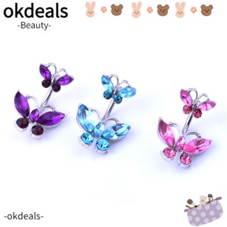 Okdeals จิวเจาะร่างกาย สเตนเลส เจาะสะดือ รูปผีเสื้อ สีม่วง สีชมพู และสีฟ้า 14 กรัม สําหรับผู้หญิง