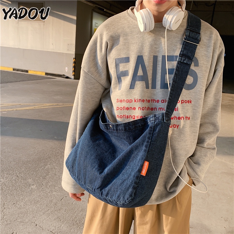 Yadou กระเป ๋ าผ ้ ายีนส ์ นุ ่ มนักเรียนคู ่ รักสไตล ์ ญี ่ ปุ ่ นกระเป ๋ าสะพายอ ่ อนเยาว ์