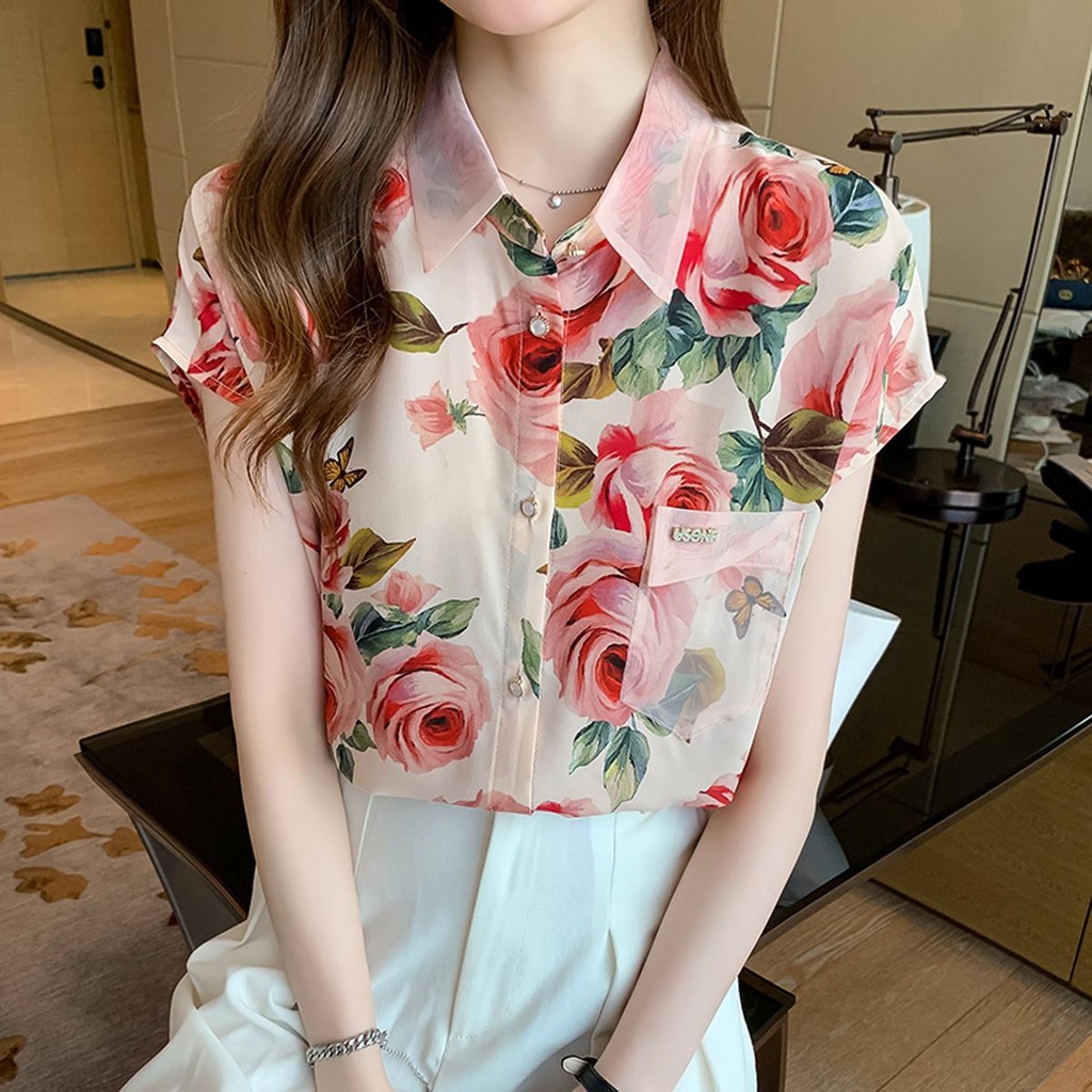 ❤️LittleBee_shop.W226❤️ เสื้อเชิ้ตวินเทจของผู้หญิง,เสื้อพิมพ์ลายแขนสั้นผ้าชีฟองทรงหลวมแฟชั่นสไตล์เกาหลีฤดูร้อน