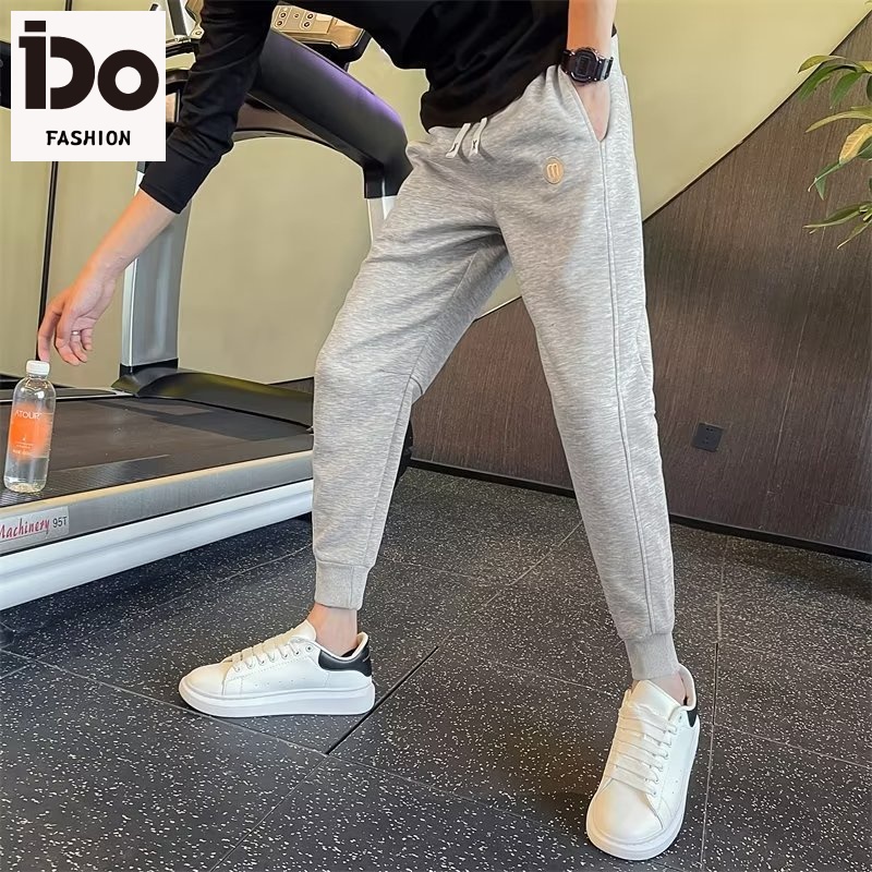 [IDO] กางเกงลําลองสีเทาชายเวอร์ชั่นเกาหลีอินเทรนด์ Social Guy Little Head ถัก Sweatpants กางเกงกีฬา 