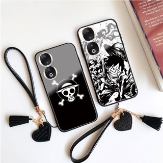 เคสโทรศัพท์มือถือกระจกนิรภัย แบบแข็ง ลายอนิเมะ One Piece Luffy Skull ประดับพู่ พร้อมสายคล้อง สําหรับ Huawei Honor 90 Pro Honor90 70 80 Pro X6 X5 X50i X9A X8A X7A