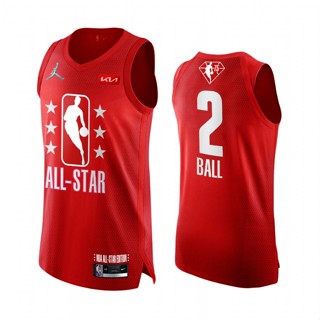 【คุณภาพสูง】ใหม่ ของแท้ แตร NBA All Star Charlotte Hornets 2022 สําหรับผู้ชาย #2 เสื้อกีฬาแขนสั้น ลายทีมชาติฟุตบอล LaMelo Swingman สีแดง