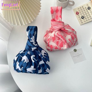 Fengling กระเป๋าถือลําลอง ผ้าถัก ทรงโท้ท ลายแมว