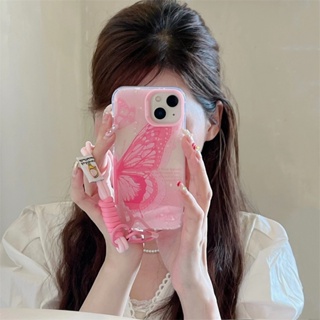 เคสป้องกันโทรศัพท์มือถือ ลายผีเสื้อ สีชมพู พร้อมสายคล้องมือ สําหรับ Apple iphone 13 11 12 13 14 14pro max 11 12 13pro 14pro 12pro