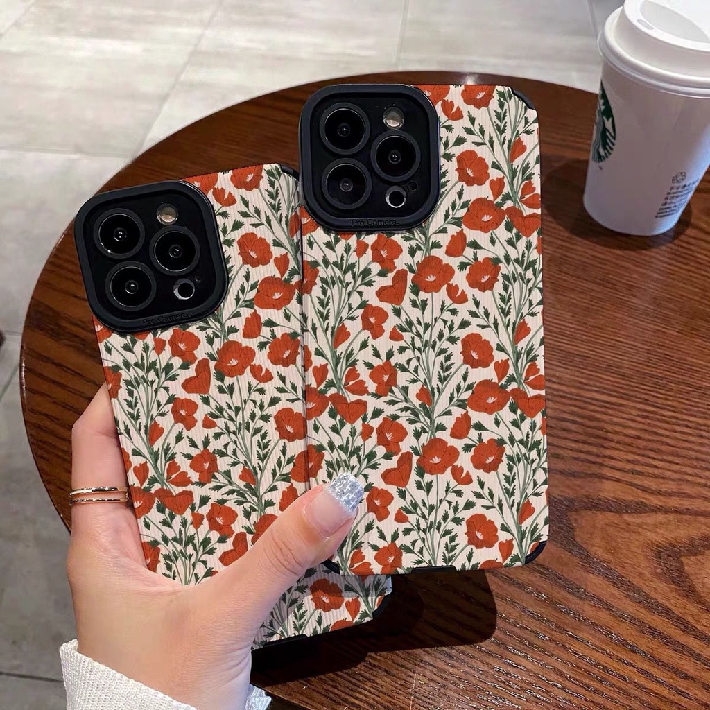 เคสโทรศัพท์มือถือหนังแกะนิ่ม กันกระแทก ลายดอกไม้สีแดง สําหรับ Iphone 11Pro MAX 14 PRO MAX 11 12 13 15pro 7 8plus XR Xmax