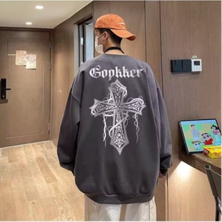 เสื้อกันหนาวแขนยาว ทรงหลวม ลายไม้กางเขน สไตล์ฮิปฮอป แฟชั่นอเมริกัน สําหรับผู้ชาย
