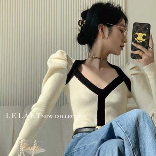 852 อารมณ์ เสื้อบอททอม ฤดูใบไม้ผลิ สไตล์ใหม่ พัฟ แขน สลิมฟิต เสื้อสวมหัว สีตัดกัน แขนยาว เสื้อกันหนาวผู้หญิง เสื้อถัก MC ผู้หญิง