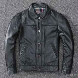 Oil wax retro imported first layer tire cowhide business casual leather leather coat mens lapel middle-aged leather jacket H3LJ