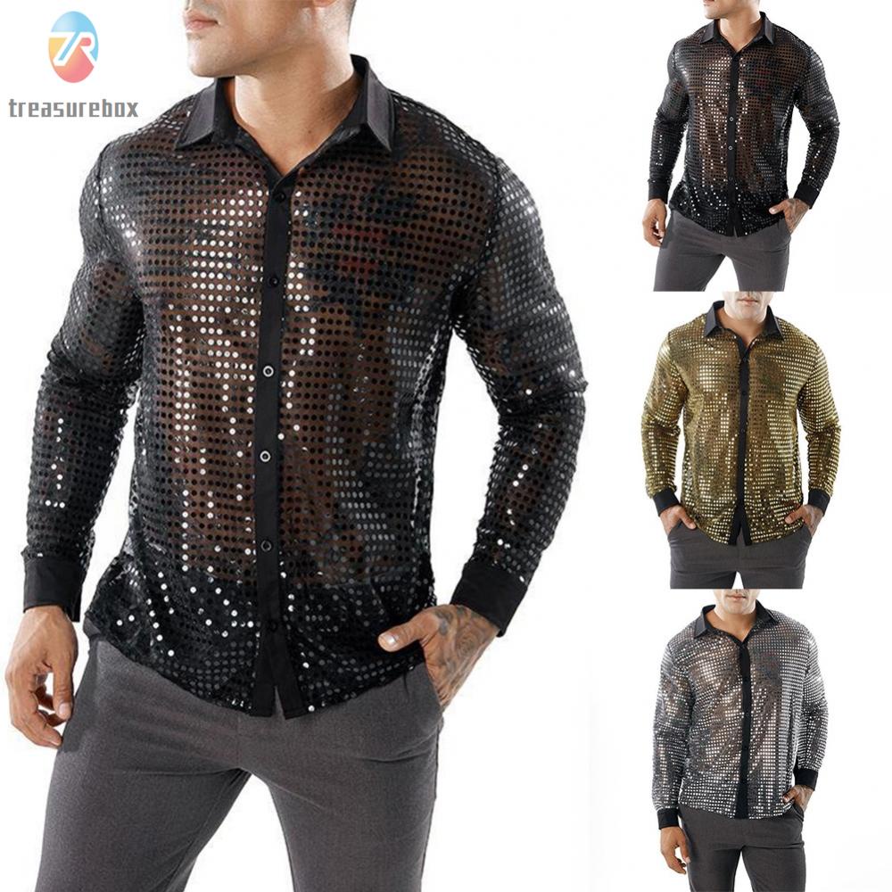 ⭐  BIG DISCOUNTS⭐ เสื้อเชิ้ตเต้นรํา แขนยาว ปักเลื่อม วิบวับ 70s ดิสโก้ ไนท์คลับ ปาร์ตี้ สําหรับผู้ชาย