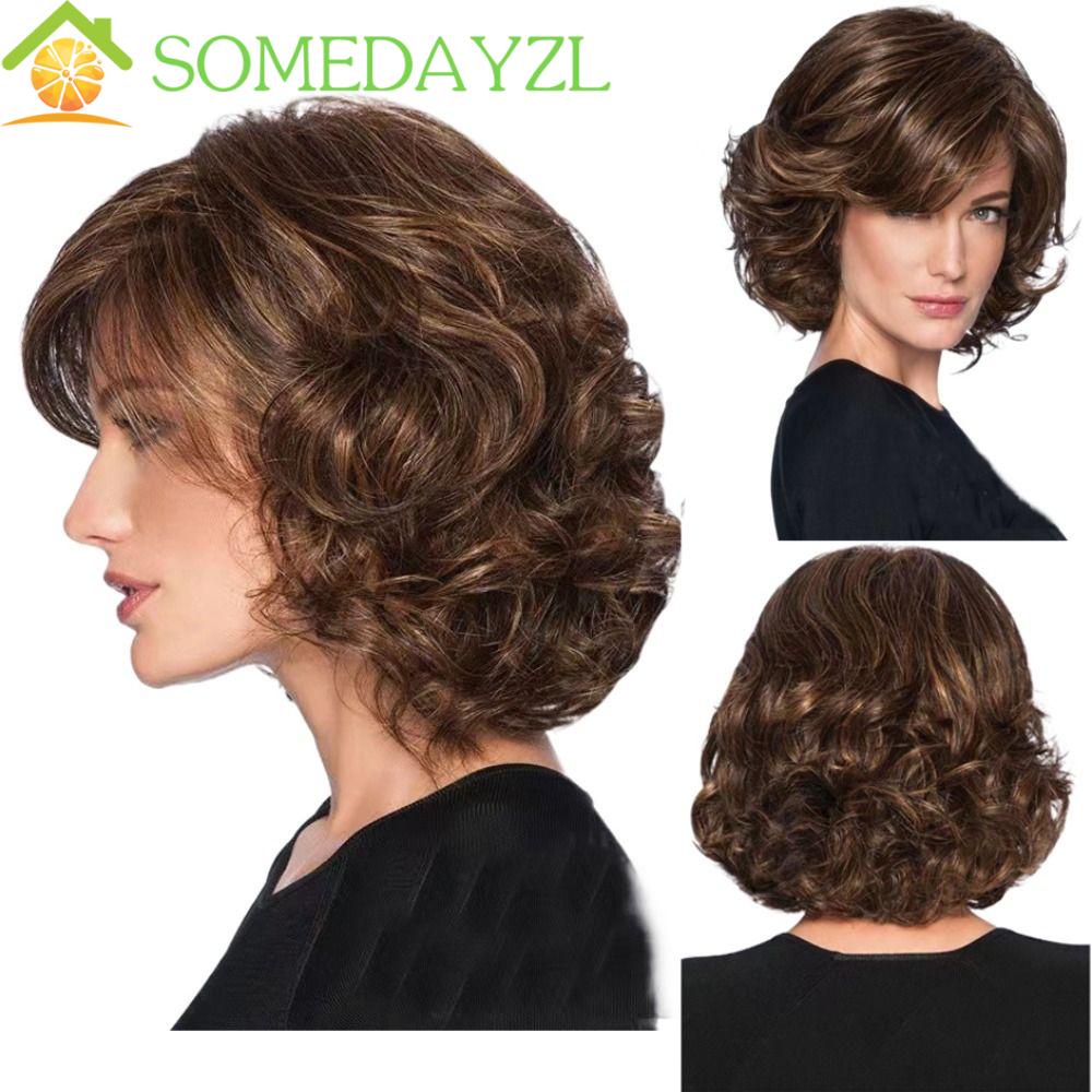 Somedayzl วิกผมสั้น สีน้ําตาล หยักศก ระบายอากาศ ปุย แฟชั่น ต่อผมปลอม ผมบ๊อบ เครื่องประดับผมสําหรับผู้หญิง