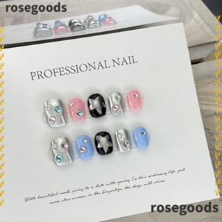 Rosegoods1 เล็บปลอมแฮนด์เมด XS S M L ถอดออกได้ พร้อมกล่องเครื่องมือ สีชมพู สีฟ้า สีเงิน สําหรับผู้หญิง Y2k