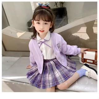 Girl suit 2022 spring style foreign style three-piece set college style knitted cardigan jacket shirt pleated skirt two sets