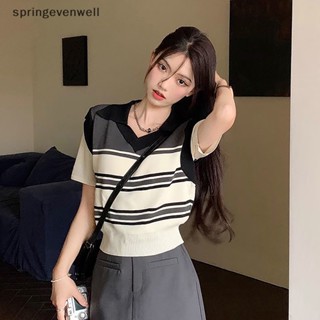 [springevenwell] ใหม่ พร้อมส่ง เสื้อยืดครอป คอวี แขนสั้น ผ้าถัก ลายทาง สไตล์เรโทร แฟชั่นฤดูร้อน สําหรับผู้หญิง