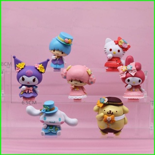 Sqt โมเดลตุ๊กตาฟิกเกอร์ Sanrio Flower Series Kuromi Melody Kitty Cinnamoroll Purin Twins ของเล่นสําหรับเด็ก 6 ชิ้น