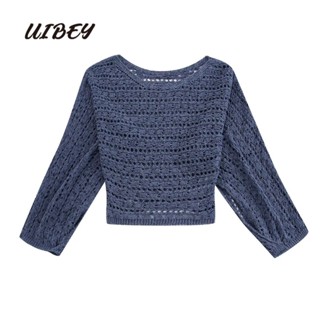 Uibey เสื้อถัก คอกลม แขนยาว แบบโปร่ง 3860