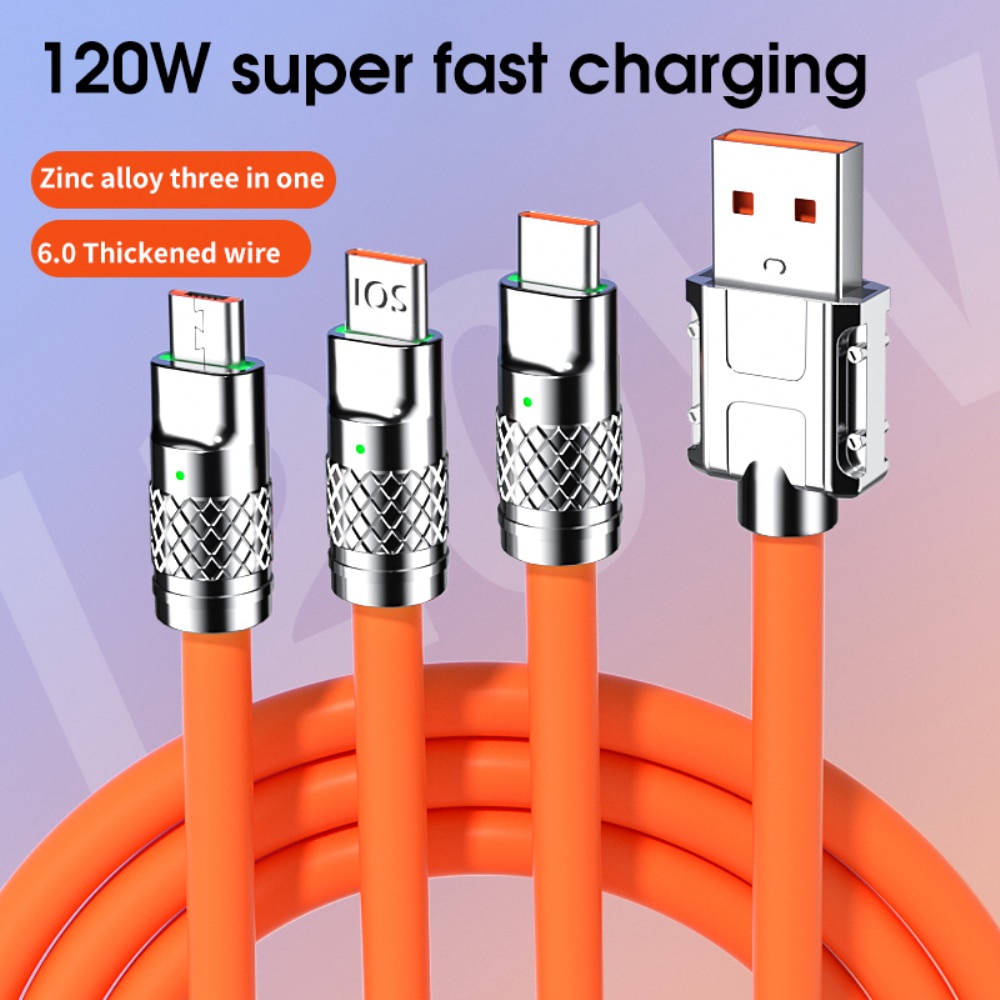 สายชาร์จโทรศัพท์มือถือ Micro USB Type-c 120W 3 In 1 120 ซม. สําหรับ Xiaomi Huawei Samsung